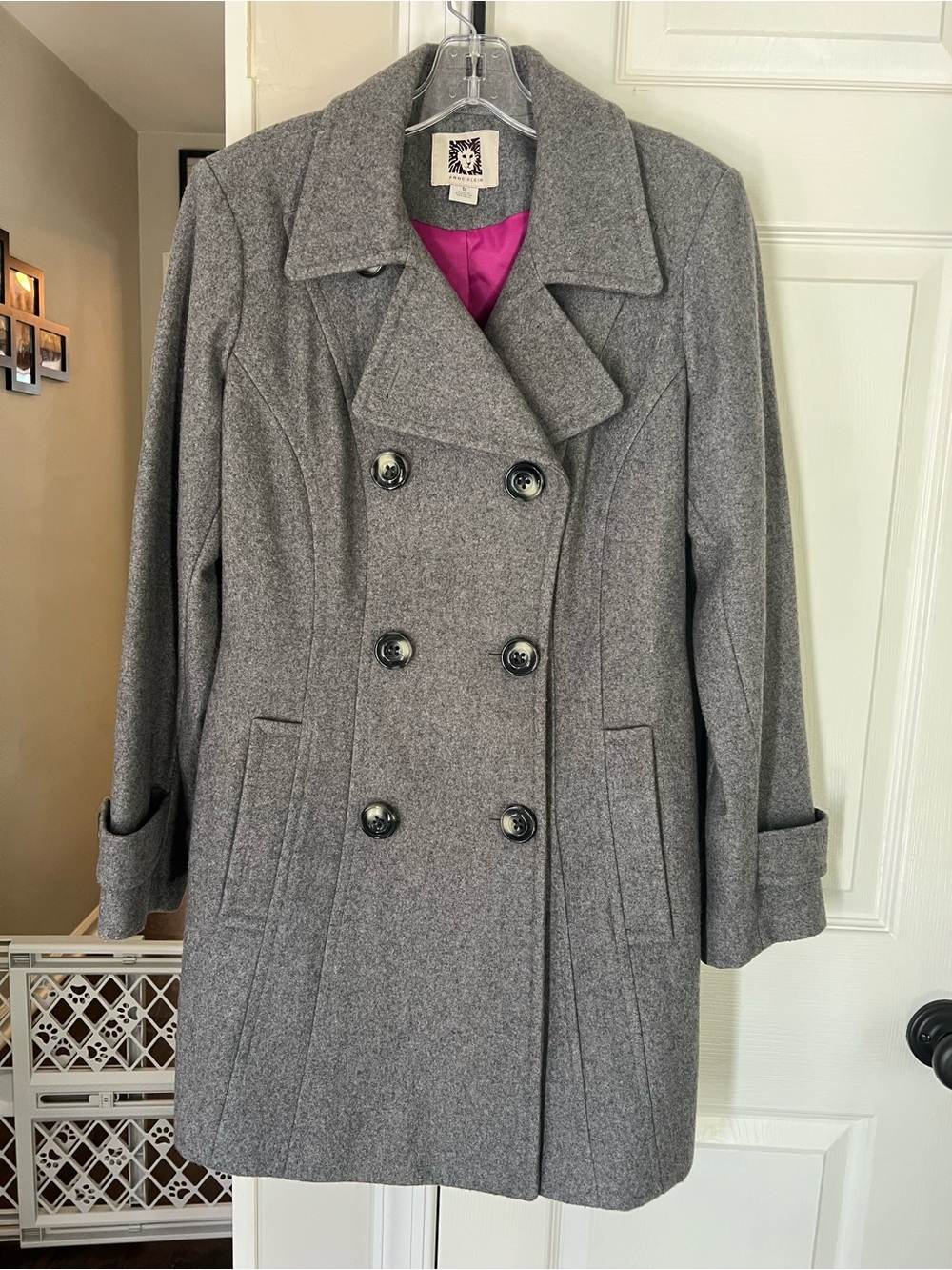 Anne Klein Gray Double-Breasted Wool-Blend Peacoat with Pink Lining Size Medium